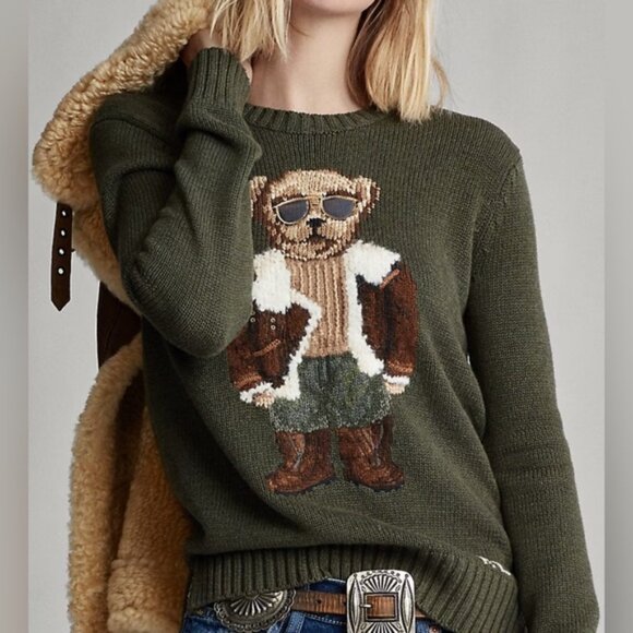 Polo by Ralph Lauren Green Cardigan with Knit Bear Appliqué - Picture 1 of 5